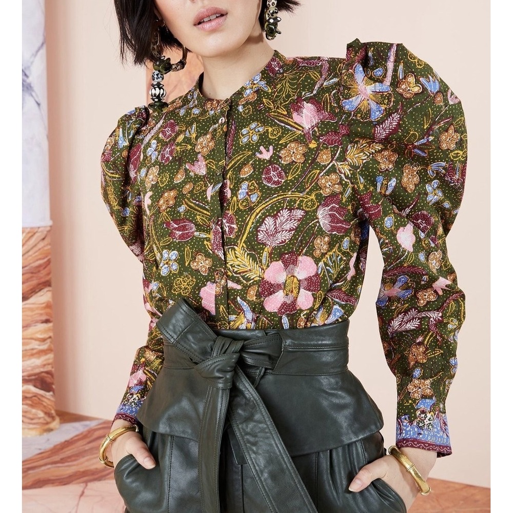 Ulla Johnson Willa Puff Sleeve 100% Cotton Blouse Pine Green Floral Size 0 $275